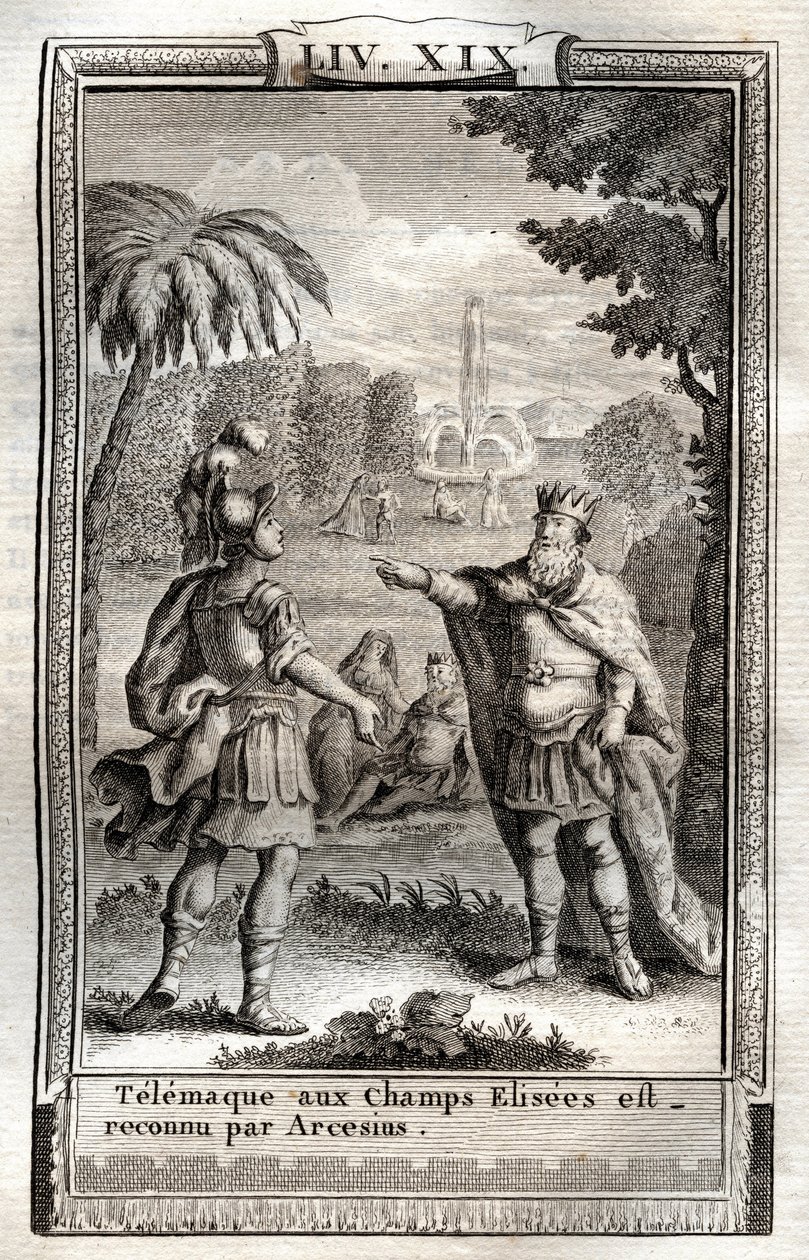 Telemaque estar nos Champs Elisees é reconhecido por Arcesius - gravura de 1798 depois de Monnet em "Les Aventures de Telemaque, fils d