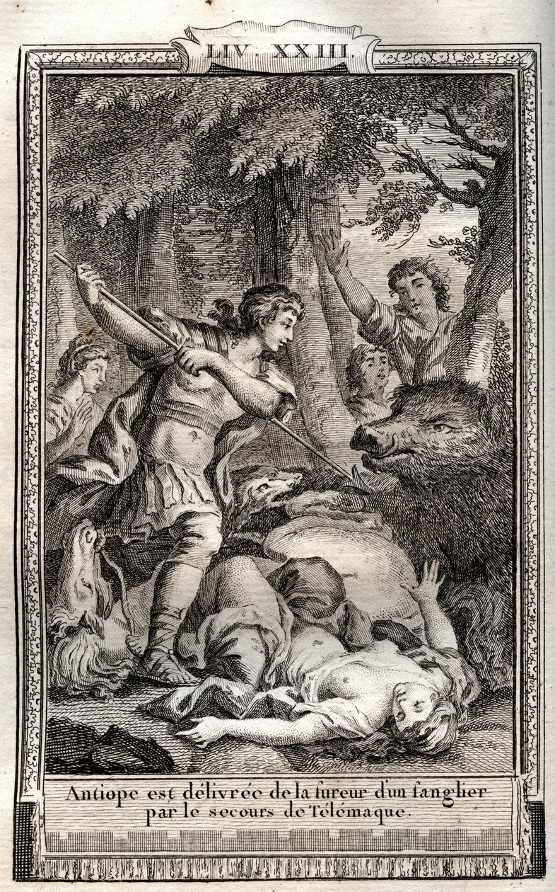 Telemaque delivre Antiope de um javali - gravura de 1798 por Monnet em "Les Aventures de Telemaque, fils d