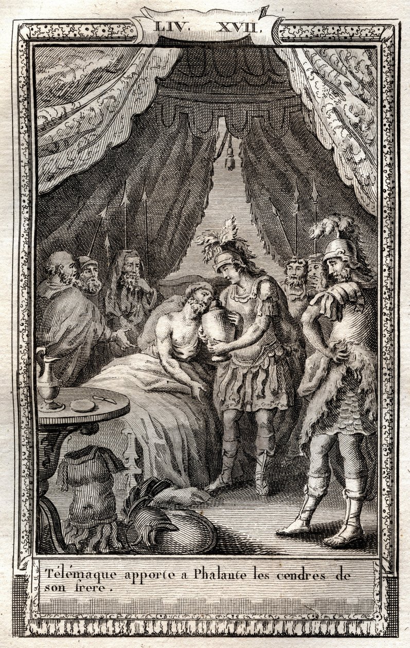 Telemaque cuida das feridas de Phalante e traz-lhe as cinzas do irmão - gravura de 1798 depois de Monnet em "Les Aventures de Telemaque, fils d