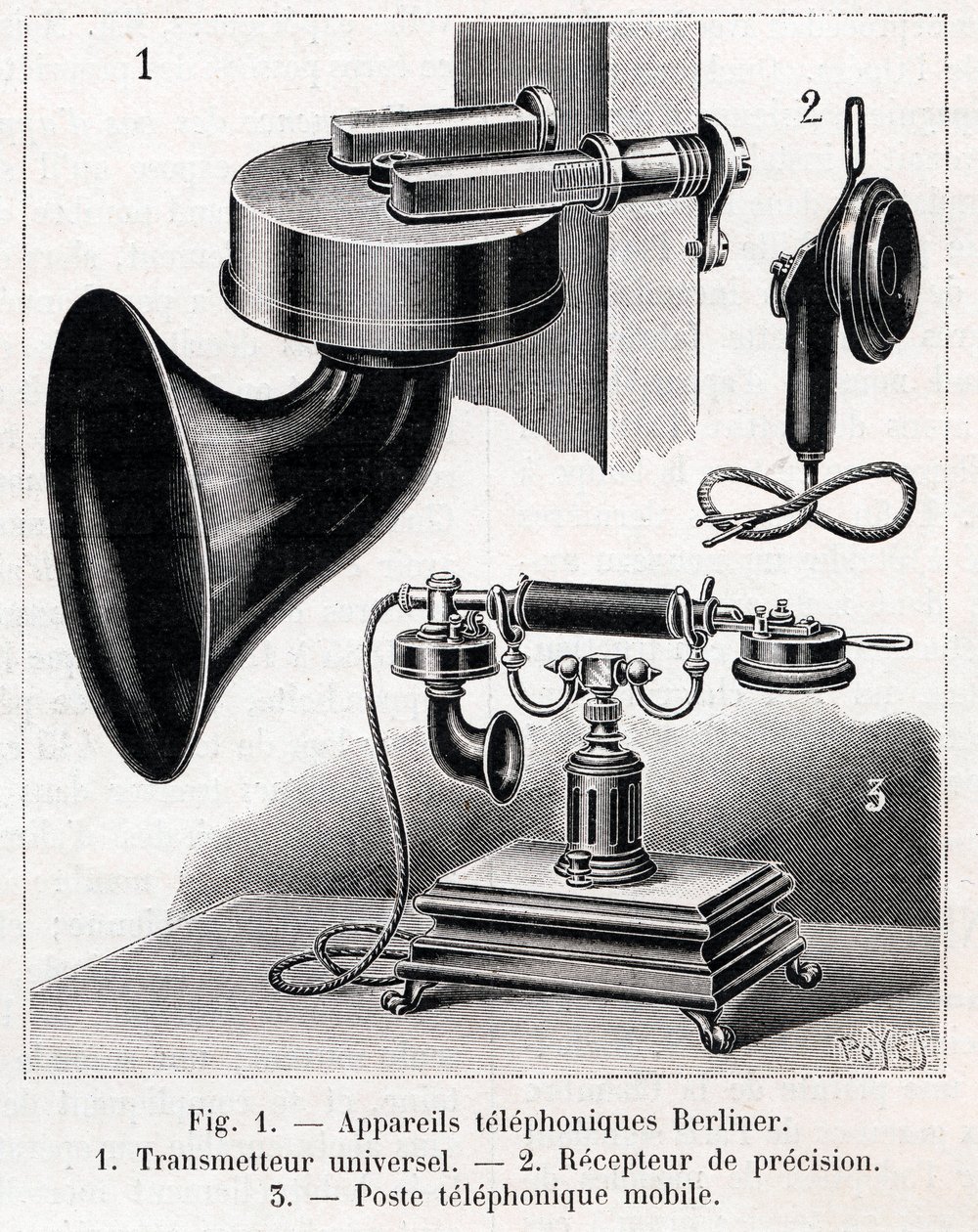 Aparelho telefônico - Sistema Berliner - gravura em "La nature" a partir de 1902 de French School