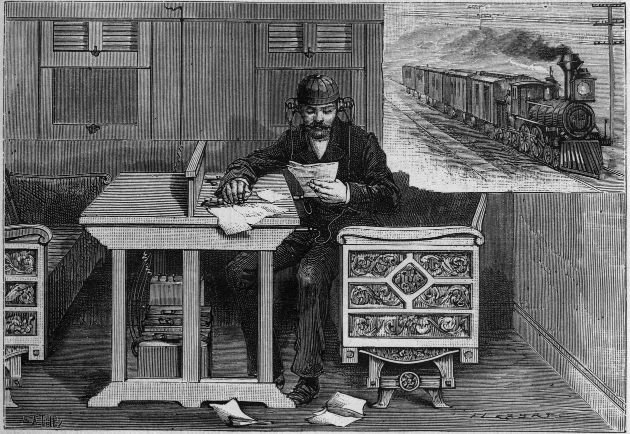 Comunicações telefônicas de trens em andamento, sistema Thomas Edison (1847-1931): um empregado equipado com aparelho telefônico recebendo um espeche dentro de um carro em movimento. Gravação em "La Nature". Revue des sciences et de ses applications aux ar de French School