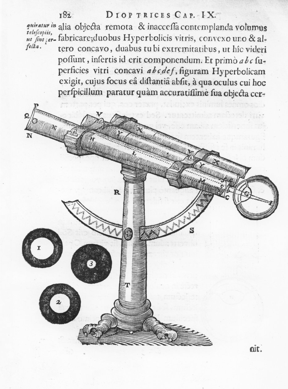 Telescópio, ilustração de "Os Princípios da Filosofia", de René Descartes de French School