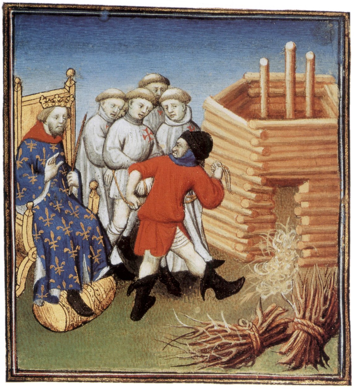 Os templários vão ser executados sob o olhar do rei francês Philippe IV le Bel em 1310, iluminação de French School