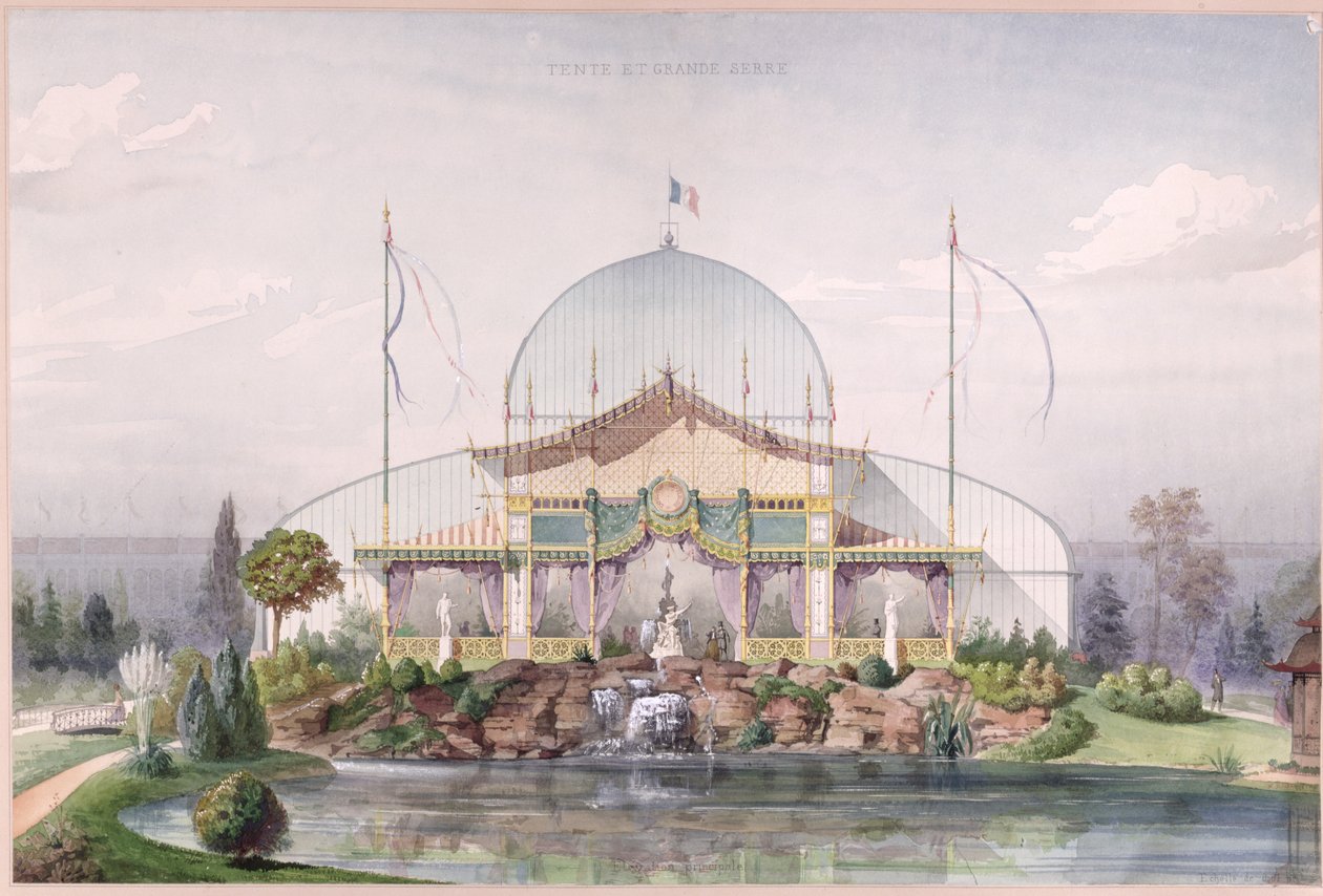 Tenda e Big Glasshouse no Jardim da Exposição Universal em Paris em 1867 (aguarela sobre papel) de French School