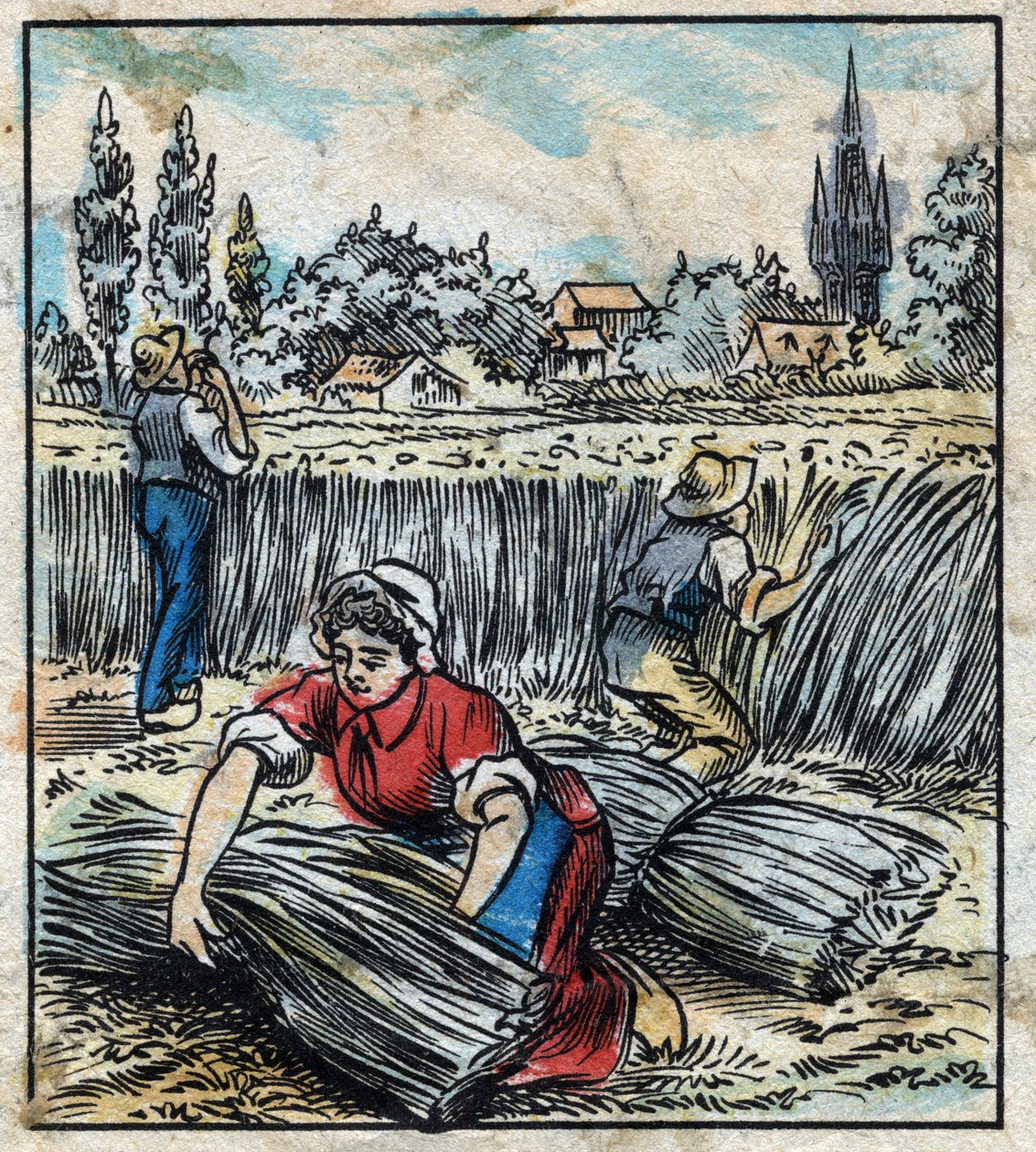Têxtil, linho: agricultura. Coleta linho que é montado em uma bota para ser seco. Gravura. Imagem epinal do final do século XIX. de French School