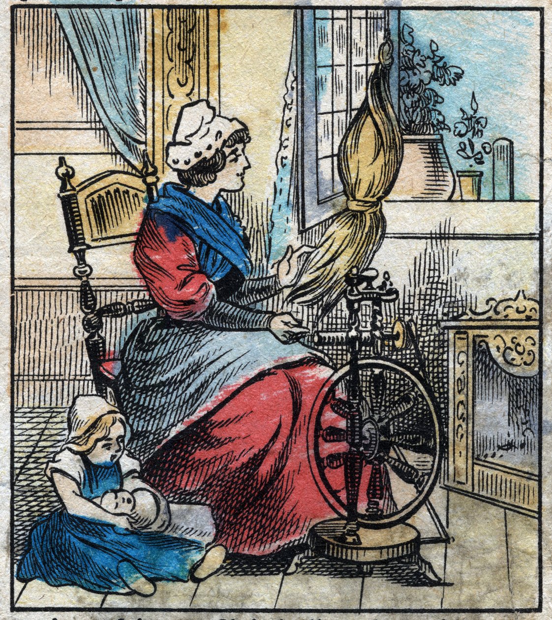 Têxtil, linho. Uma mulher usa uma roda giratória mecânica para girar o linho. Gravura. Imagem epinal do final do século XIX. de French School
