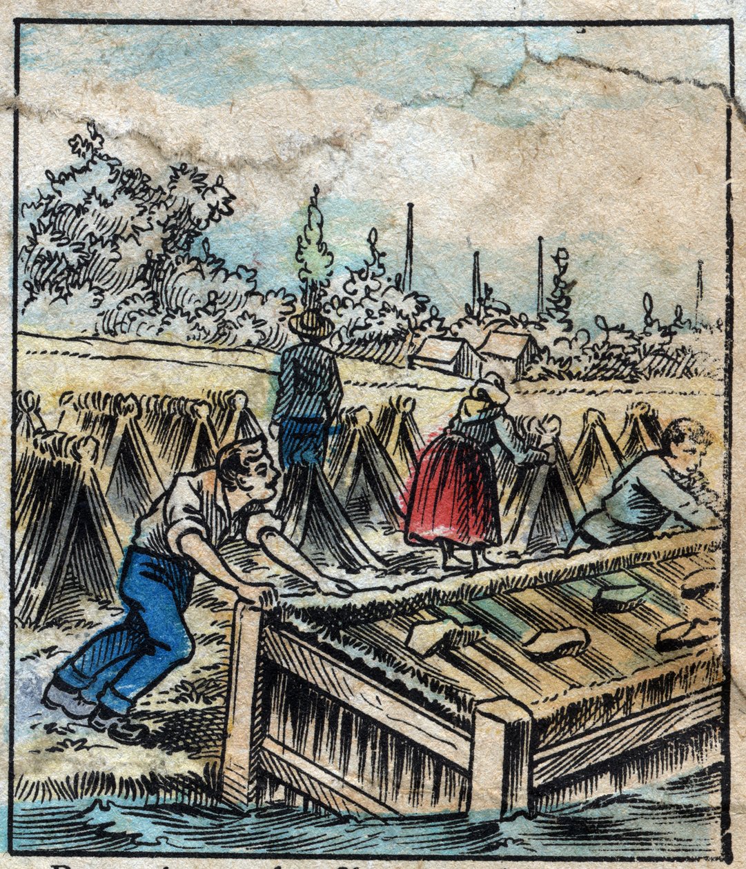 Têxtil, linho. Ferrugem de linho: Para separar os filamentos de palha, as botas de linho são mergulhadas em água. Gravura. Imagem epinal do final do século XIX. de French School