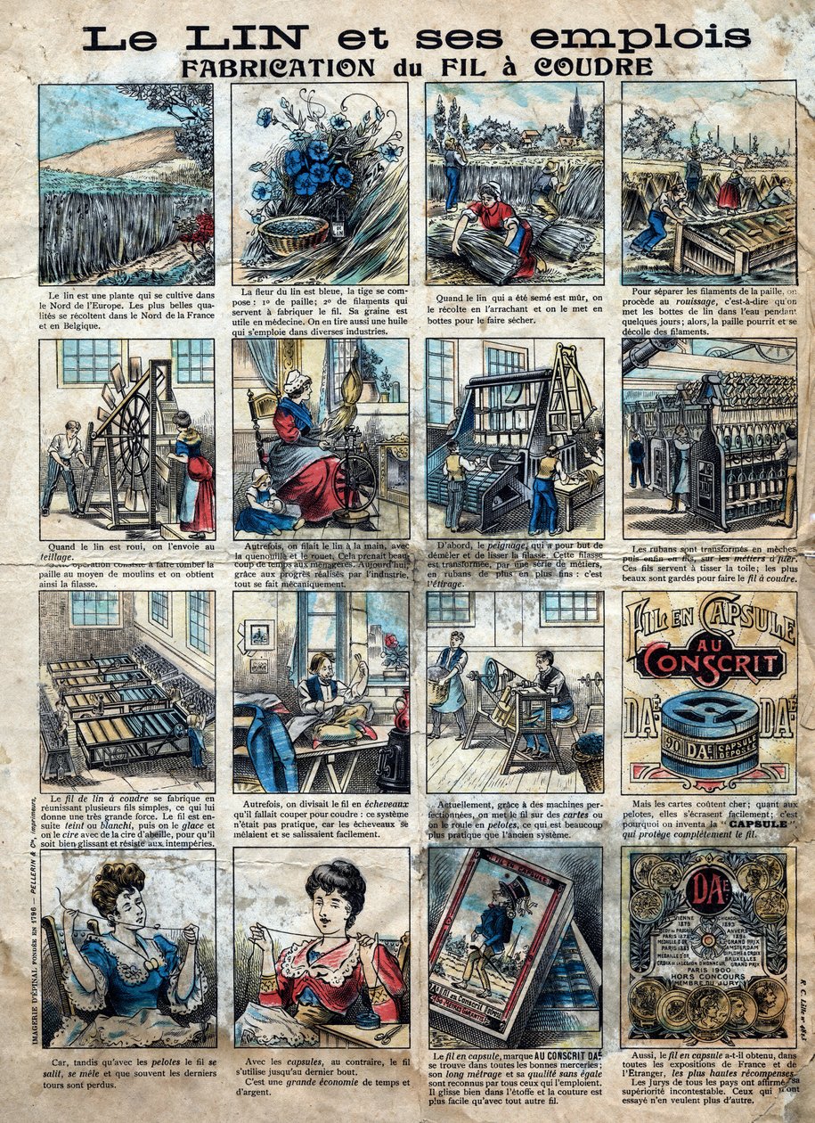 Têxtil, linho. As etapas de costura, fabricação, uso e comercialização do linho para fazer linhas de costura. A gravura. Imagens epinais do final do século XIX. de French School