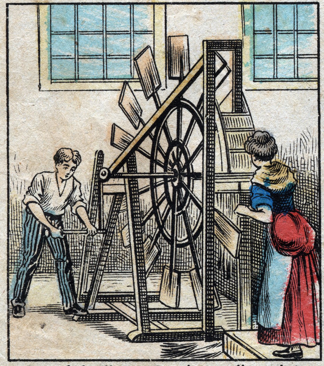 Têxtil, linho. Lavoura do linho para fazer cair a palha por meio dos moinhos e assim obter o filassé. Gravura. Imagem epinal do final do século XIX. de French School