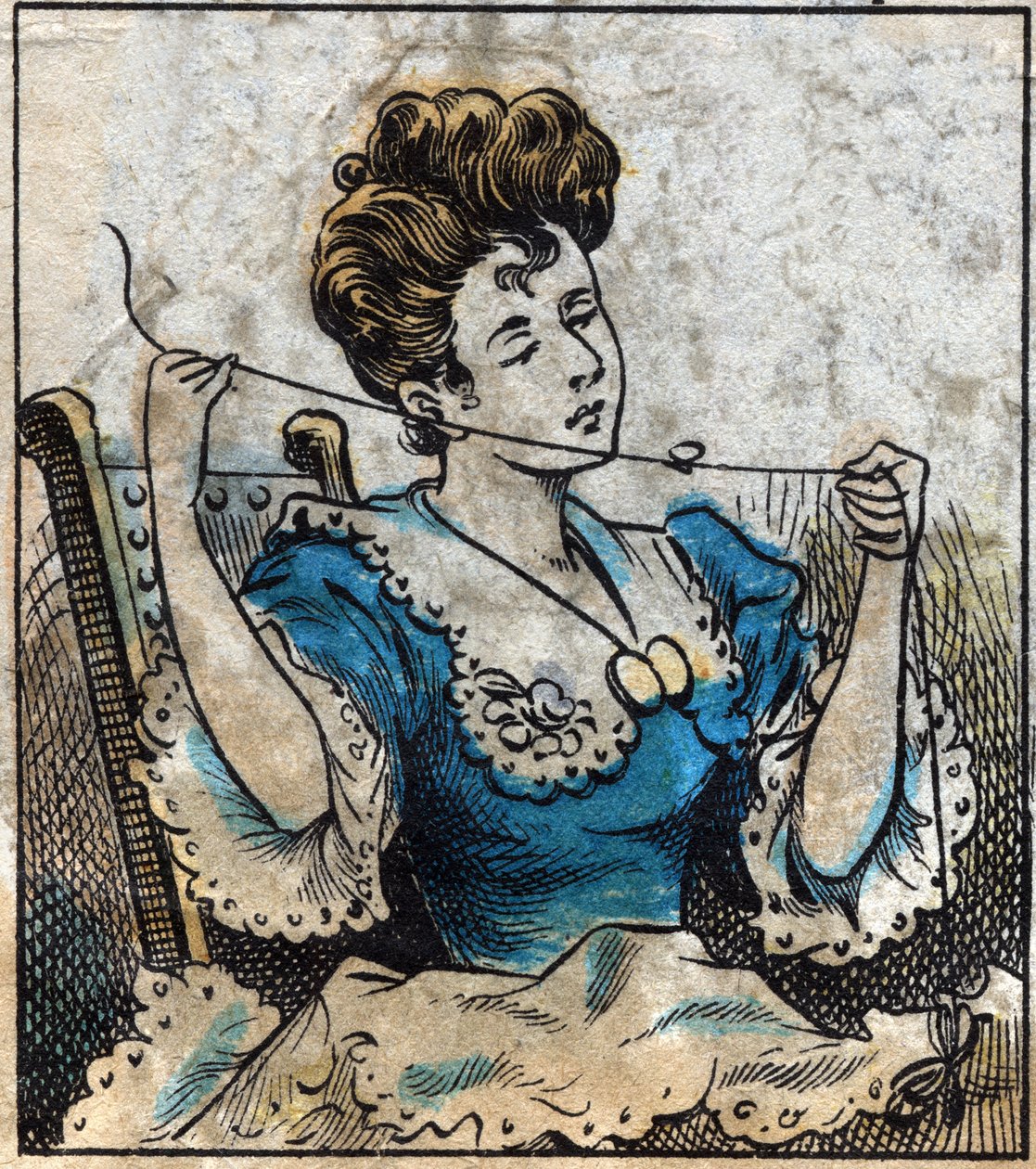 Têxtil, linho. Mulher a usar uma bola para usar linhas de costura. Gravura. Imagem epinal do final do século XIX. de French School