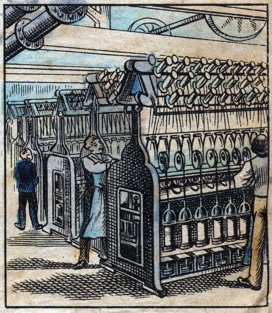 Têxtil, linho: a oficina. Transformar as fitas em brocas e depois em fios usando metiers giratórios. Gravação. Imagem epinal do final do século XIX. de French School