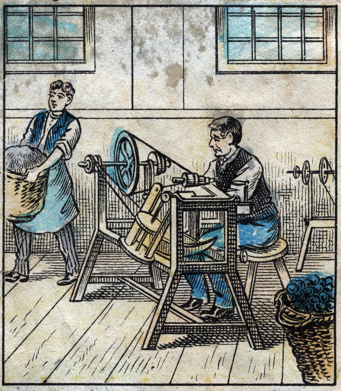 Têxtil, linho: oficina. A linha de costura é colocada em cartões ou rolos em uma bola. Gravura. Imagem epinal do final do século XIX. de French School