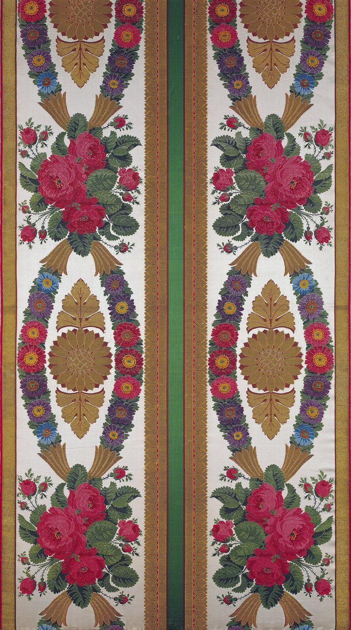 Têxtil com guirlandas de margaridas e buquês de rosas por Primo e Bony, Bissardon, Lyon, 1811 (cetim bordado) de French School