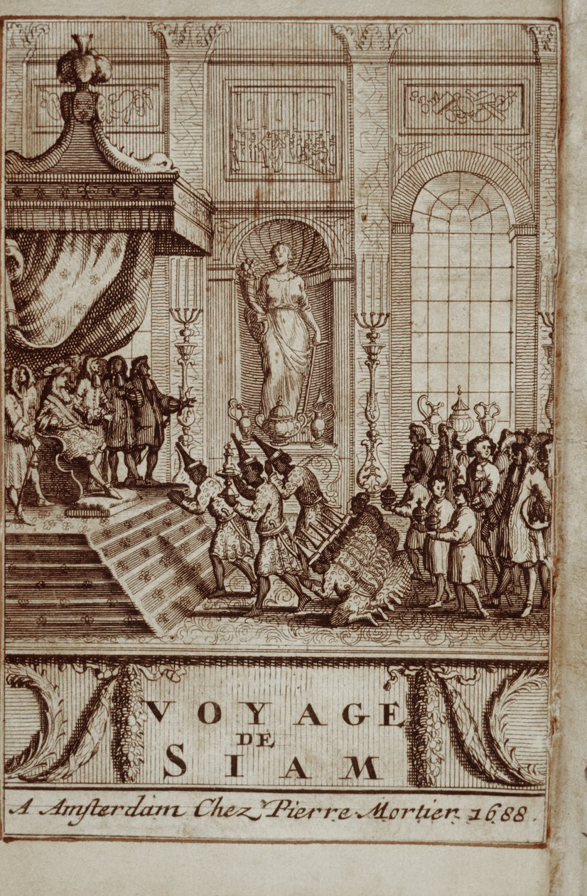 Embaixadores tailandeses receberam em Paris por Louis XIV, frontispício de Journey to Siam por Guy Tachard, 1688 de French School