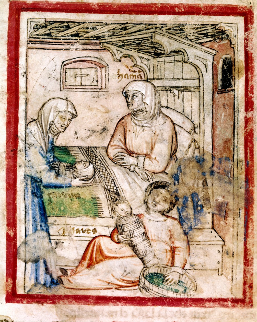 Thamar (Tamar) dá à luz dois gêmeos, Perets e Zerah, filho de Judá, Miniatura do códice 212 (ou codice padovano ou Bíblia de Pádua) 1390-1400 de French School