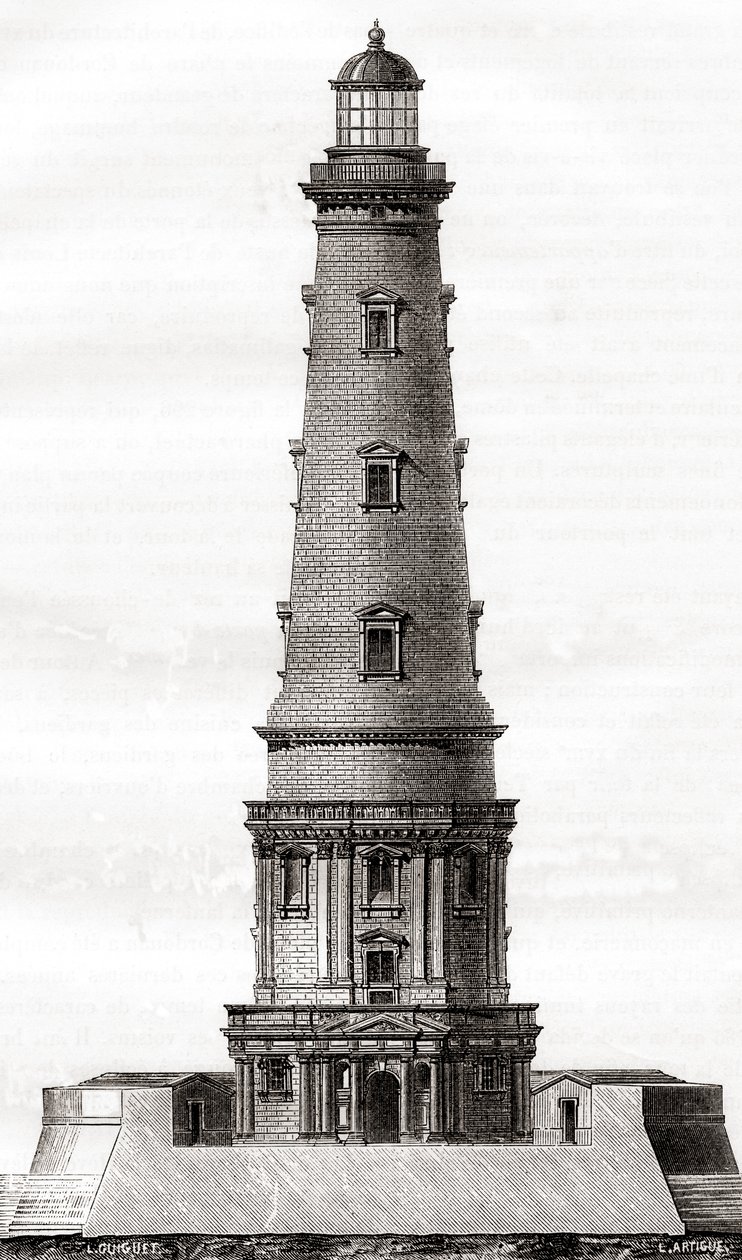 O farol Cordouan do século XVII, perto da foz do estuário da Gironda, em França, visto aqui após a sua extensão no século XVIII, de Les Merveilles de la Science, publicado c.1870 (gravura) de French School