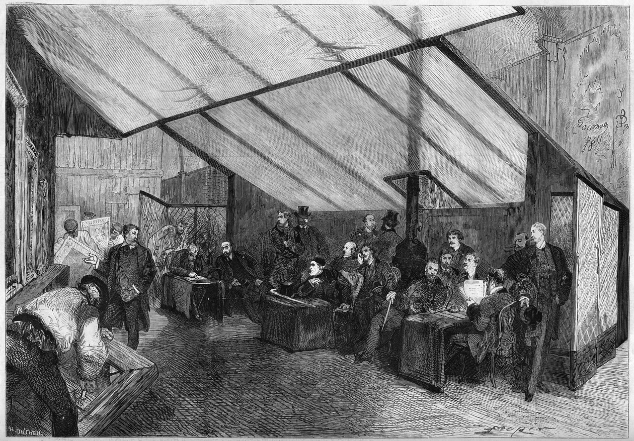 O Salão de 1872: uma sessão do júri de pinturas. Da direita para a esquerda são Meissonnier, Ph. Rousseau, Breton, G. Boulanger, Robert Fleury (Robert-Fleury), Fromentin, Jalabert, Mazerolles, Brion, Bonnat, Baudry, Dubuffe, Delauney, Cabat. Gravação em "L de French School