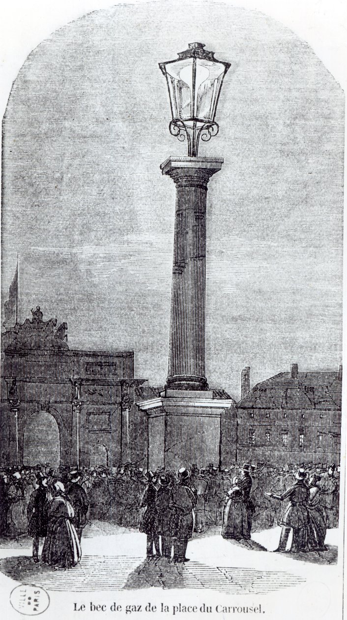 O 1º Gaslamp em Paris na Place du Carrousel em 1818 de French School