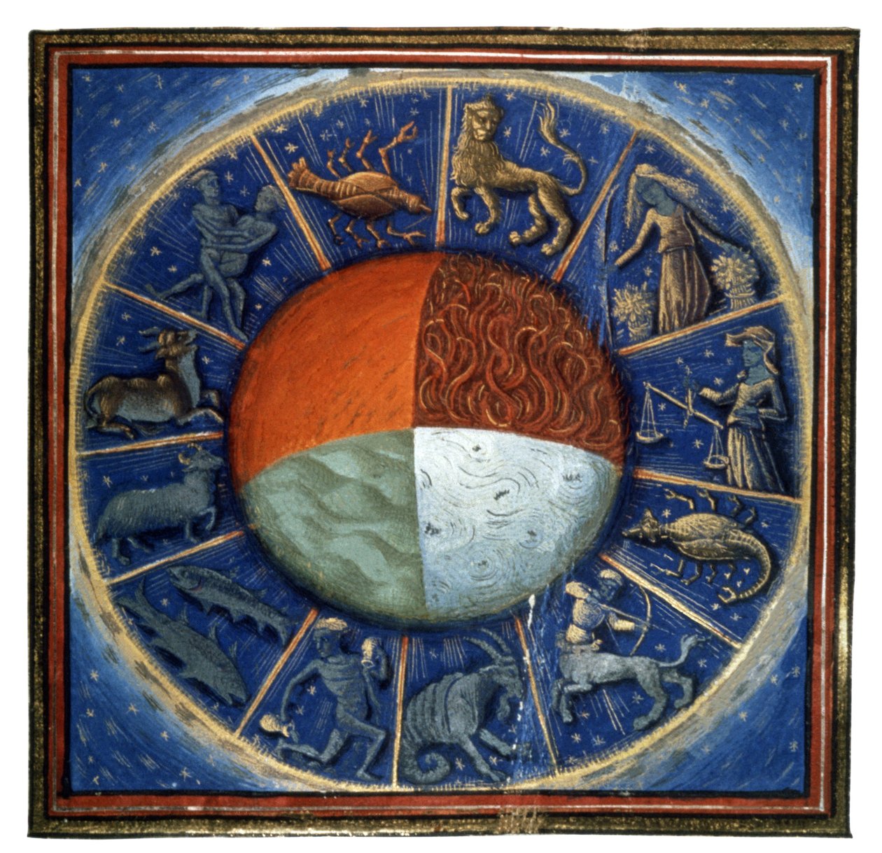 Os 4 elementos e o zodíaco, c.1450 (miniatura) de French School
