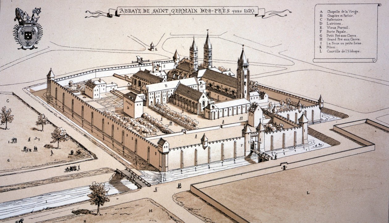 A Abadia de Saint-Germain-des-Prés em c.1520 (gravura a cores) de French School