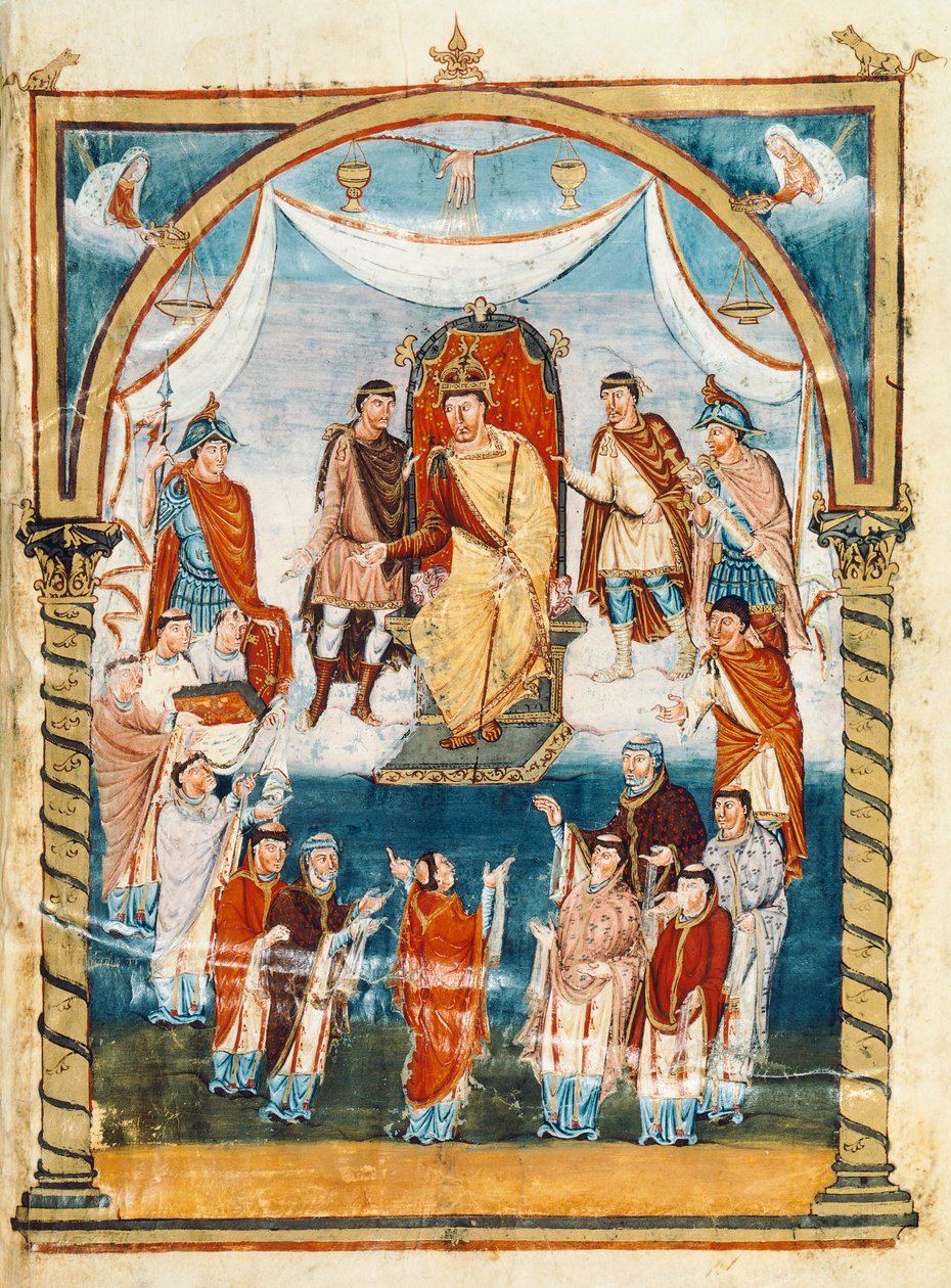 O Abade Vivian rodeado por monges de São Martinho de Tours apresentando o livro a Carlos II o Careca, século IX (miniatura) de French School