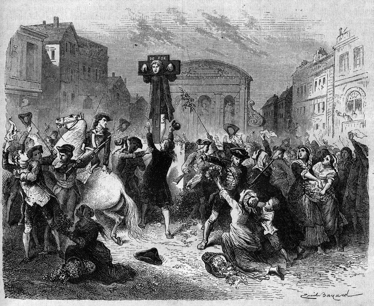 O escritor aglicano Daniel Defoe (1660-1731) foi saqueado em 1703 por escrever contra a intolerância da igreja anglicana. Gravura a partir de 1870. de French School