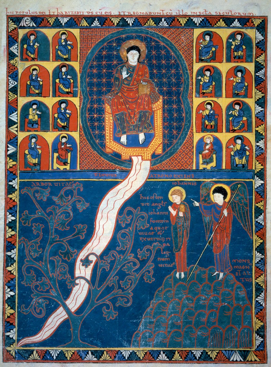 O Anjo mostra a São João o rio da vida que parte do trono de Deus e a árvore da vida em miniatura retirada dos comentários do "Apocalipse segundo São João", escrito em 775 pelo monge Beato de Liebana de French School