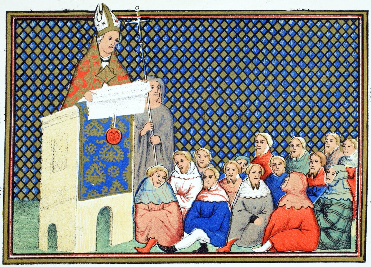 O arcebispo de Canterbury pregando à nobreza inglesa contra Ricardo II, cópia fac-símile de Le Prinse et Mort du Roy Richart de Jean Creton, reimpresso do século XIX de French School