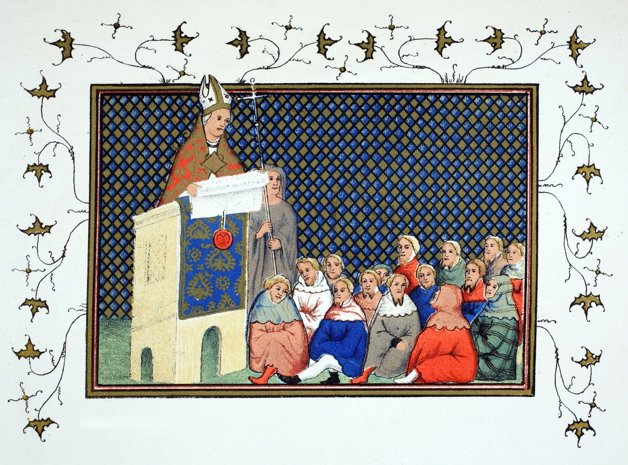 O arcebispo de Canterbury pregando à nobreza inglesa contra Ricardo II, cópia fac-símile de Le Prinse et Mort du Roy Richart de Jean Creton, reimpresso do século XIX de French School