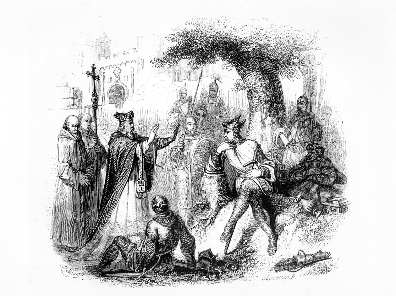 O arcebispo de Rouen em negociação com Rollo the Viking para proteger a cidade do ataque de outros Vikings de French School
