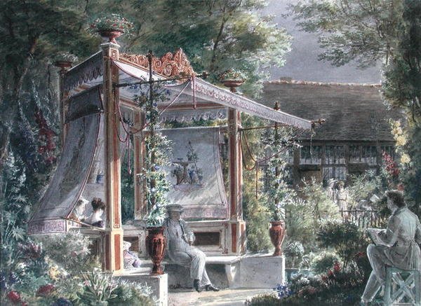 O Arquitecto Jacques Ignace Hittorff (1792-1867) no seu jardim em Paris (guache no papel) de French School