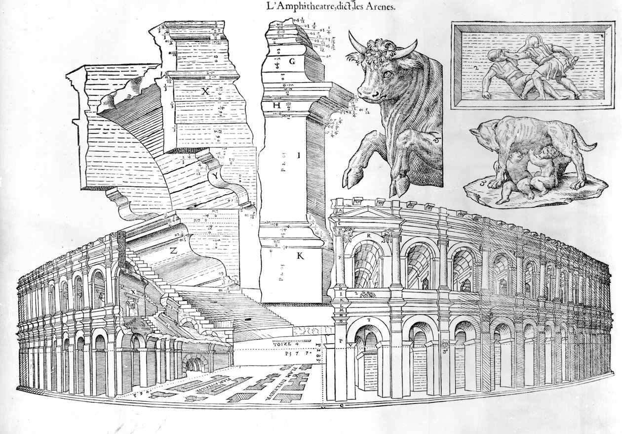 A Arena de Nimes, ilustração do discurso histórico da antiga e ilustre cidade de Nismes por Jean Poldo d Albenas, publicado em 1560 de French School