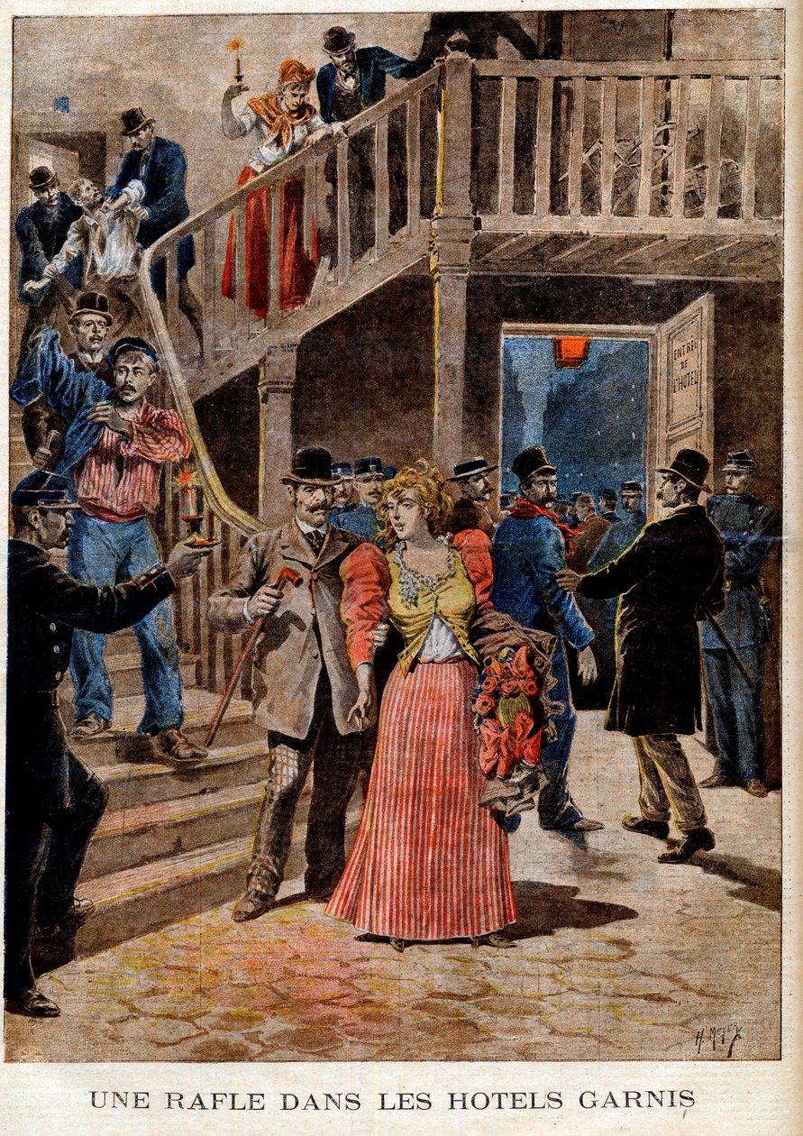 A prisão das prostitutas nos hotéis parisienses (pensão) - Uma ronda nos hotéis lotados - no "Le Petit Journal" de 08/04/1895 (gravura) de French School