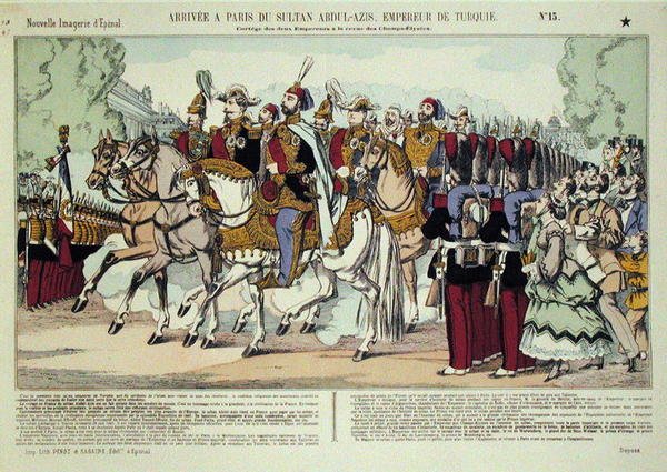 A Chegada do Sultão Abd al-Aziz (1830-76) a Paris em 1867 (gravura a cores) de French School