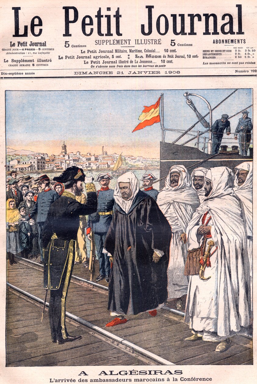 Chegada dos embaixadores marroquinos, incluindo Sidi-Mohammed Torres à Conferência de Algeciras, do "Le Petit Journal", Janeiro de 1906 - Conferência internacional das potências europeias e dos Estados Unidos realizada para discutir as relações da França c de French School