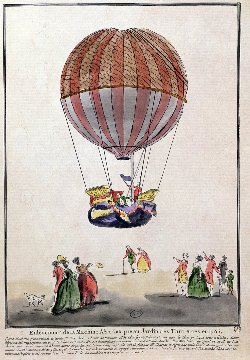 A subida do Aerostat no Jardin des Tuileries, 1 de dezembro de 1783 (caneta e tinta e wc no papel) de French School