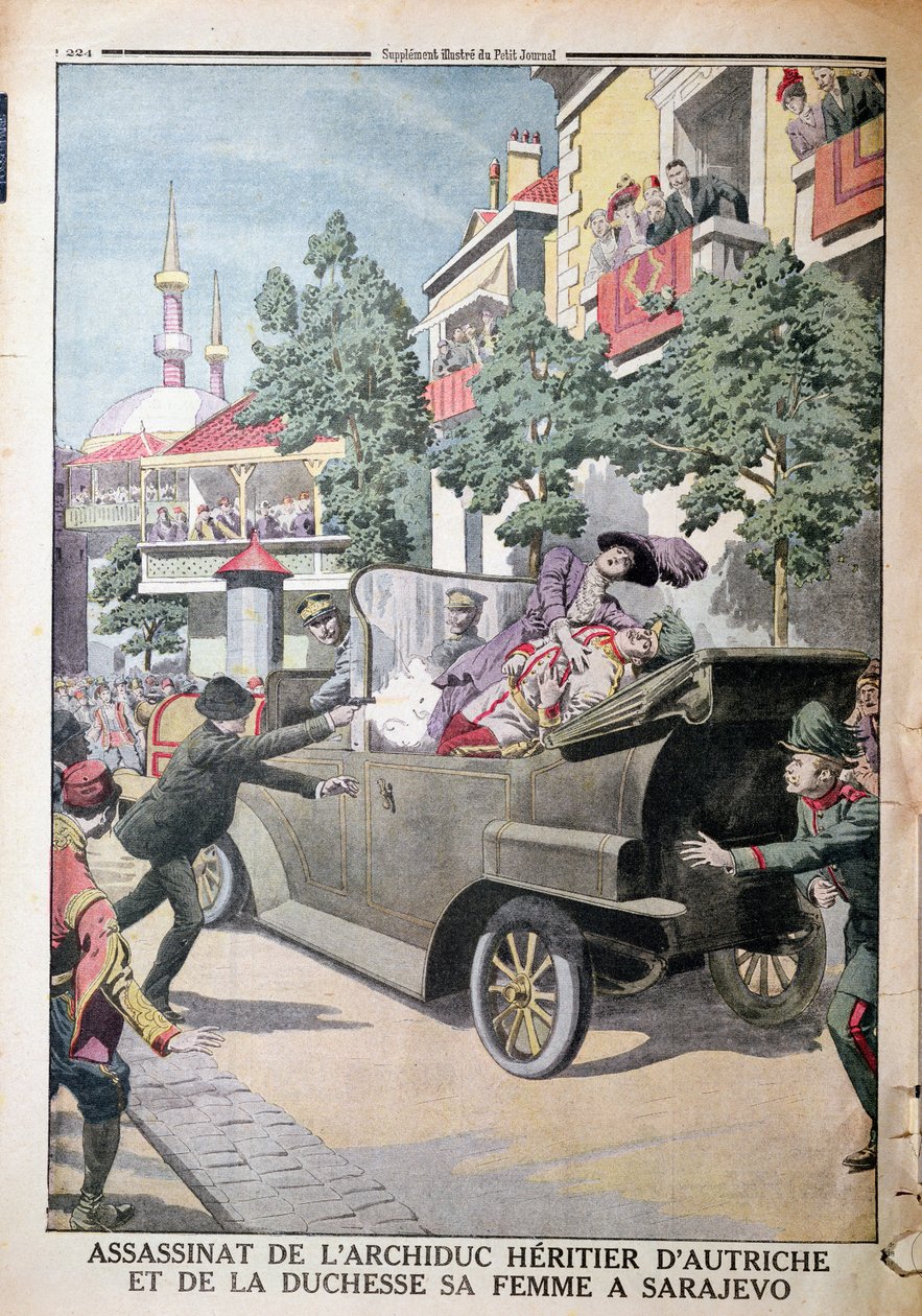 O Assassinato do Arquiduque Franz Ferdinand da Áustria (1863-1914) e sua esposa, Duquesa Sophia, por Gavrilo Princip (1895-1918) em Sarajevo, 28 de junho de 1914, no Le Petit Journal, 12 de julho de 1914 (co de French School