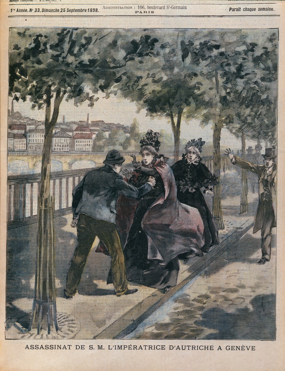 O Assassinato de Isabel (1837-1898) Imperatriz da Áustria em Genebra, capa de LAnnee Illustree, 25 de setembro de 1898 (gravura colorida) de French School