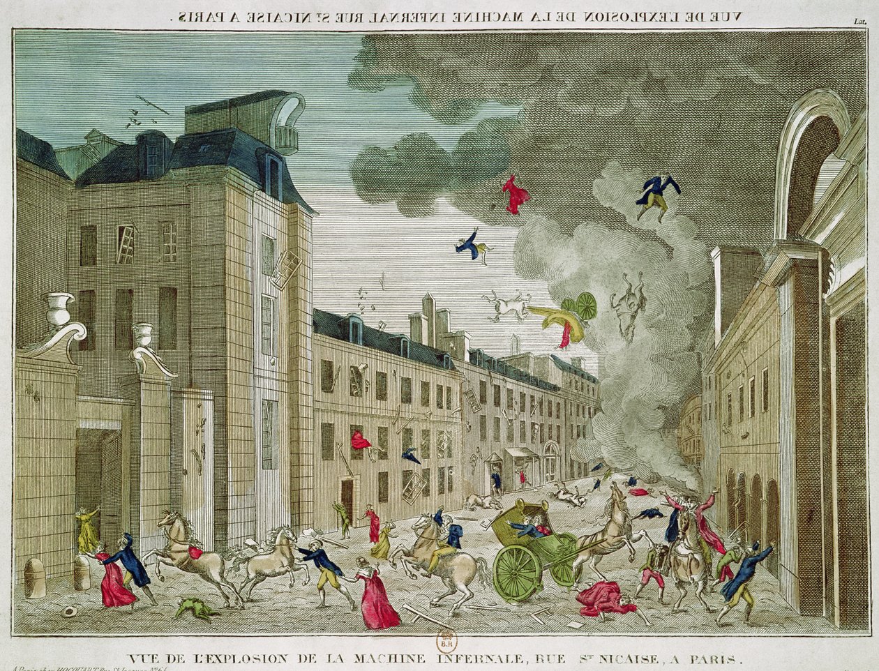 A tentativa de assassinato de Napoleão Bonaparte (1769-1821) na Rue Saint-Nicaise, Paris, 24 de dezembro de 1800 (gravura colorida) de French School