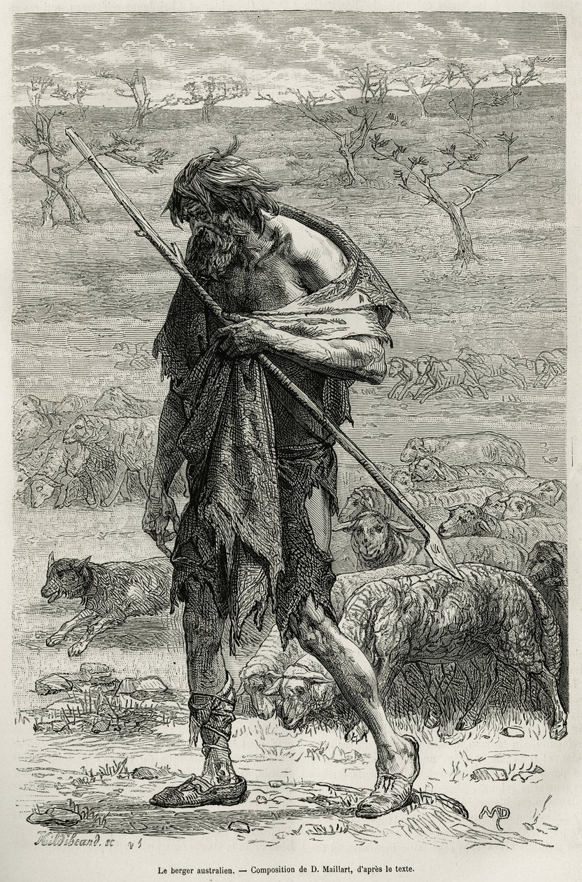 O pastor australiano, gravado após um desenho de D.Maillart, para ilustrar a história seis meses na Austrália, por Desire Charnay, uma missão do Ministério da Educação Pública, em 1878, publicada no tour du monde, sob a direção de E de French School