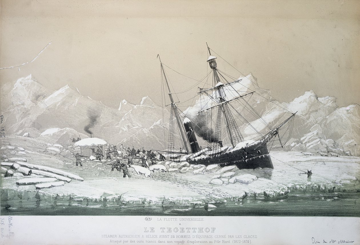 O navio de parafuso austríaco Tegetthof preso no gelo e atacado por ursos polares durante a viagem de exploração ao Pólo Norte 1872-4 de French School