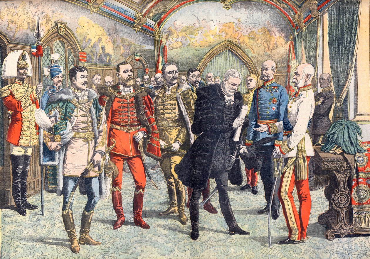 A crise austro-húngara. O Imperador Francisco José I recebe os barões húngaros pedindo o sufrágio universal na Hungria. Ilustração para o Jornal Le Petite de French School