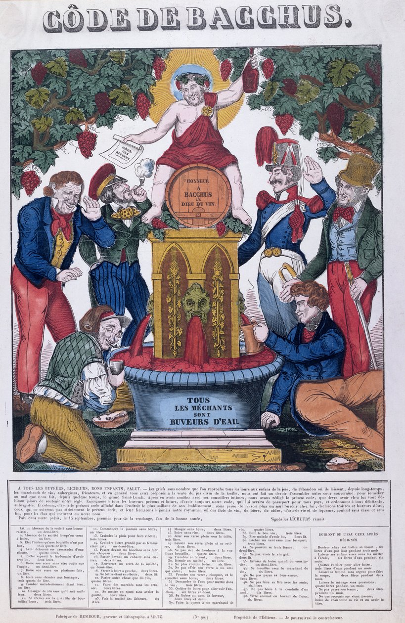 O Código de Bacchus, Todos os desagradáveis são bebedores de água, caricatura sobre o alcoolismo, Imagerie de Metz, c.1840 de French School