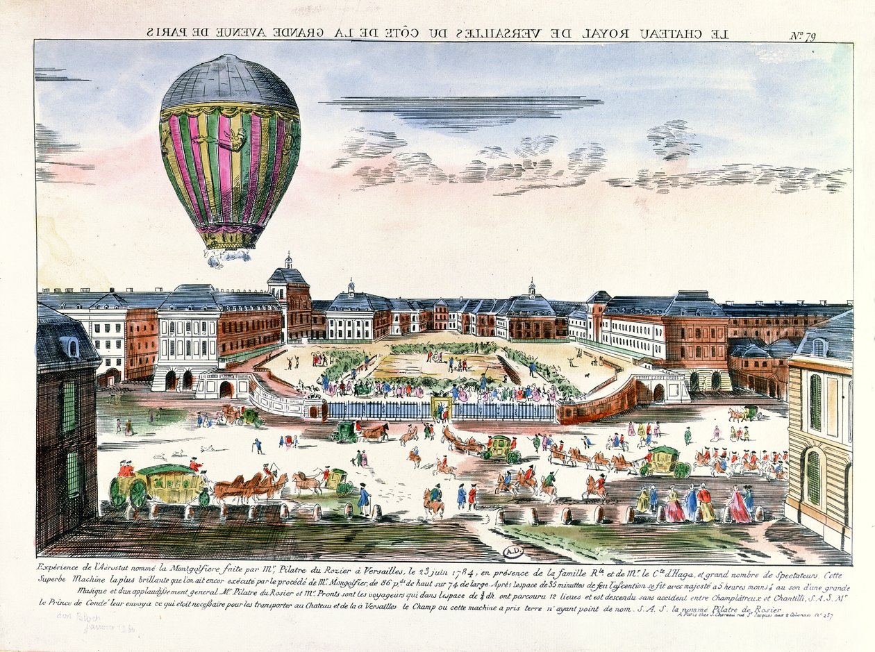 A viagem de balão de François Pilatre de Rozier (1754-96) sobre o Chateau de Versailles, 23 de junho de 1784 de French School