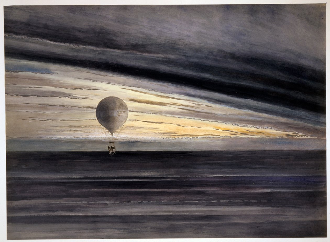 O balão, Zénith, durante um voo de longa distância de Paris a Bordeaux em março de 1875, pub 1875-1880 de French School