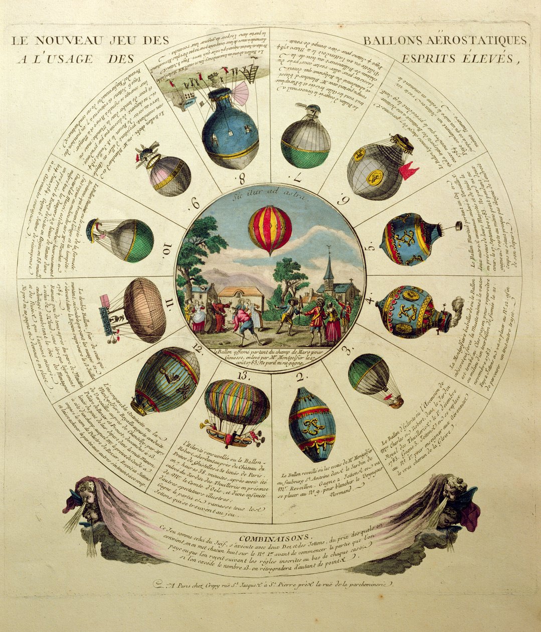 O jogo de balonismo, com ilustrações de diferentes balões de ar quente, c.1784 de French School