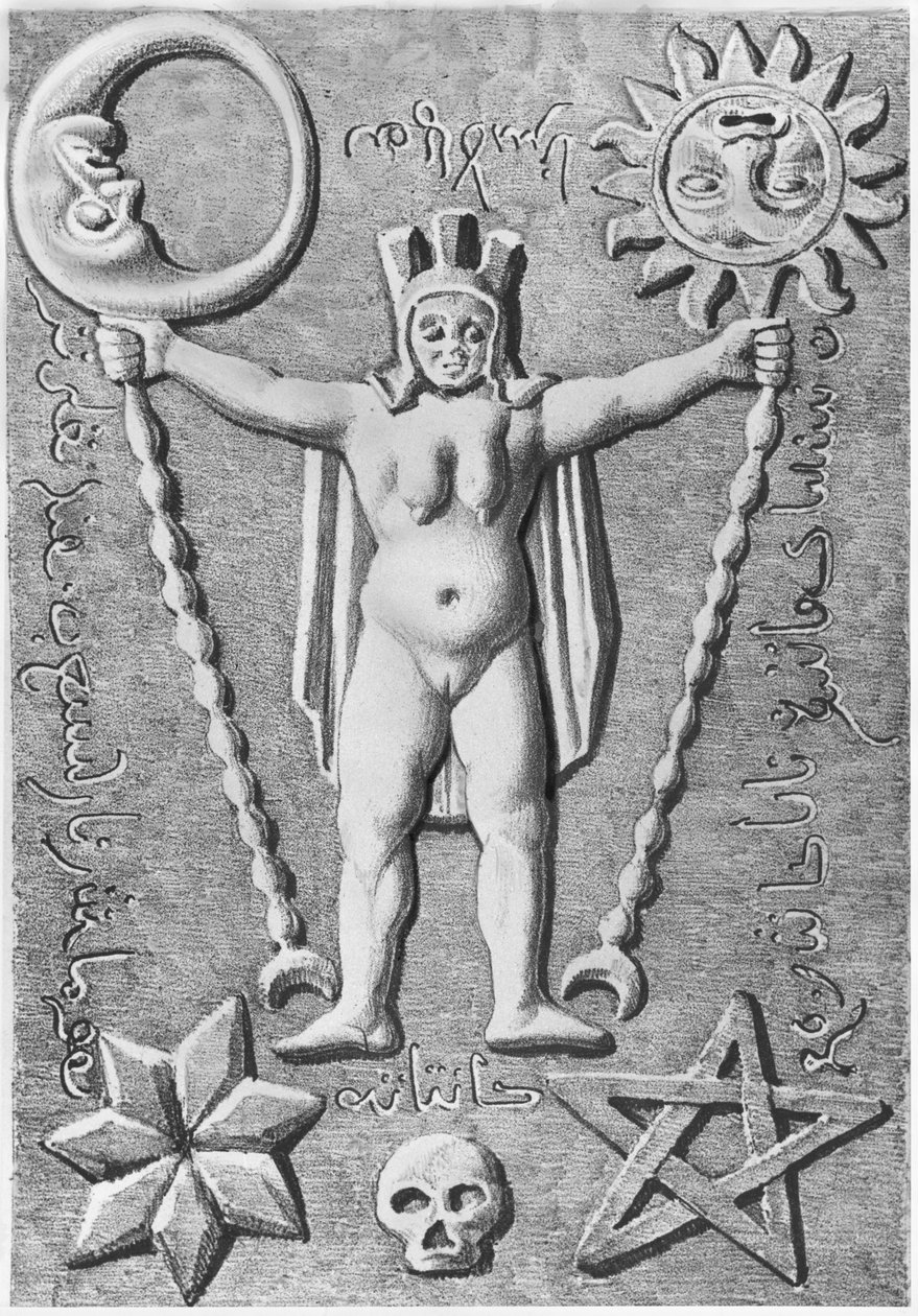 O Baphomet dos Templários, cópia de um caixão de pedra encontrado em Essarois (Borgonha) de French School