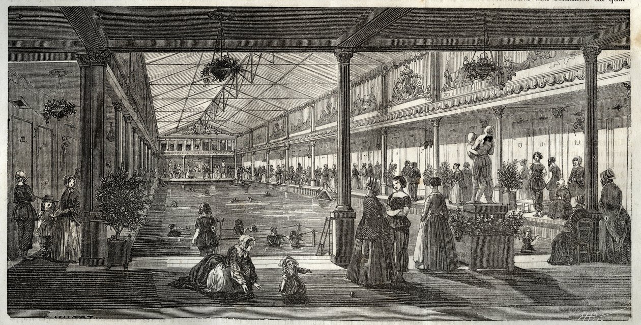 Os Banhos do Hotel Lambert, Ile Saint-Louis, Paris, meados do século XIX - Hotel Lambert, Ile Saint-Louis, escola de natação para senhoras - Banho Lambert - - Gravura em "Tableau-de-Paris" de Edmond Texier 1852 de French School