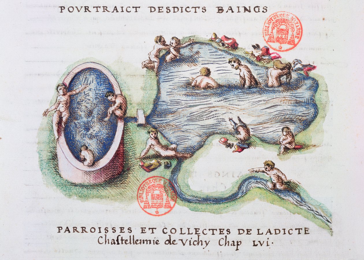 Os Banhos em Vichy, do Generale Description du Bourbonnais por Nicolas de Nicolay (1517-83) 1569 (wc no papel) de French School