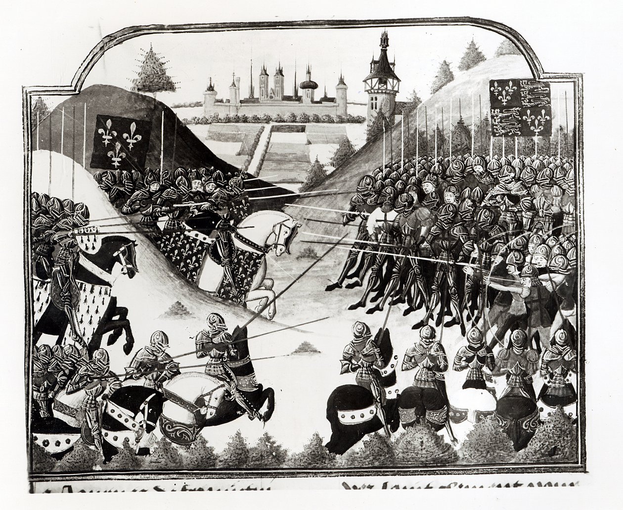 A Batalha de Fromigny, 14 de abril de 1450, ms Fr 2691 fol. 183, de Chronique de Charles VII por Jean Chartier de French School